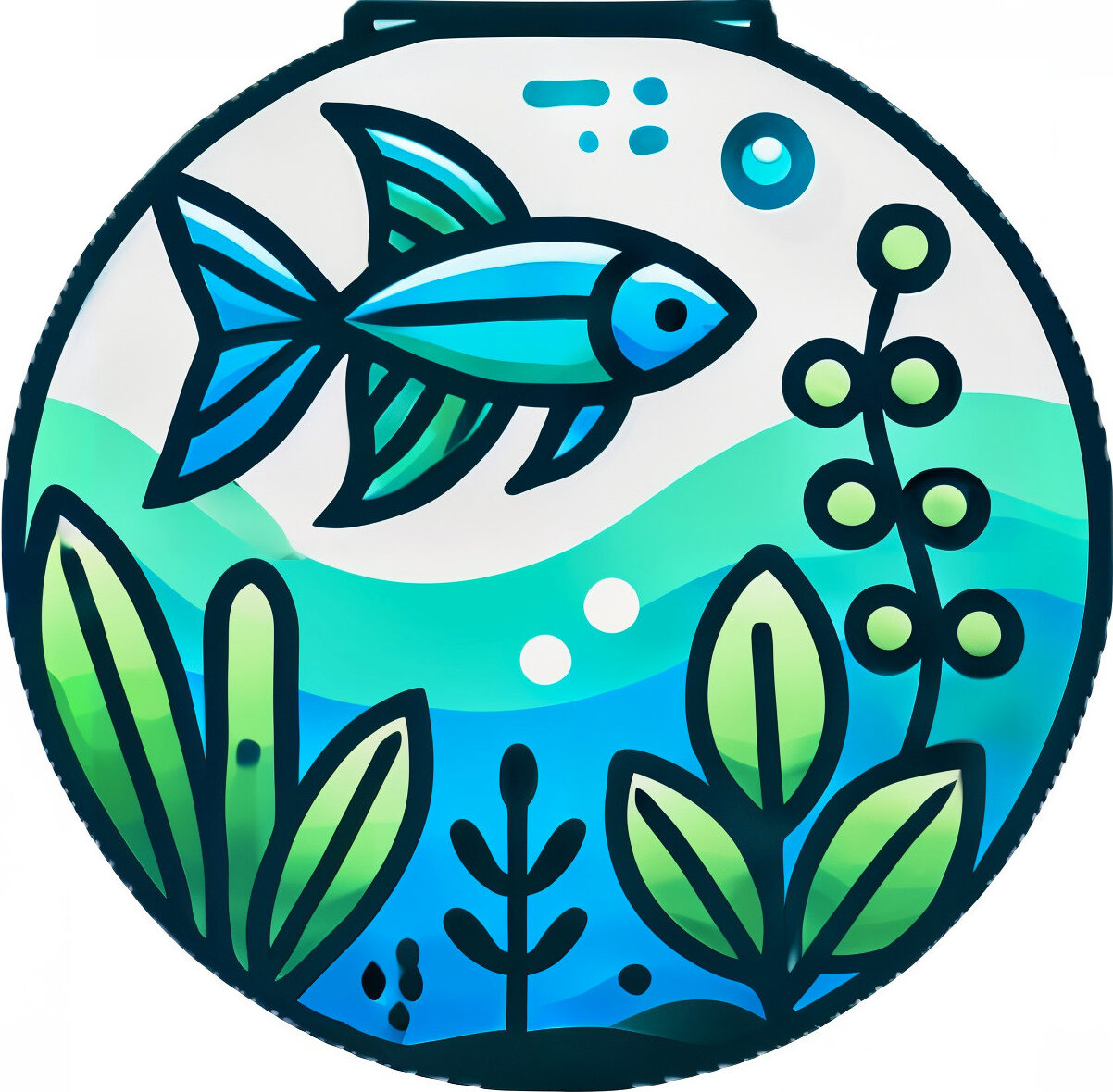 blue fish in a fish tank surrounded by green plants and the water is greenish blue